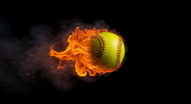 Fiery Softball Flight - Softball engulfed in flames, streaks across a black background. Dynamic action shot perfect for sports, competition, or power themes