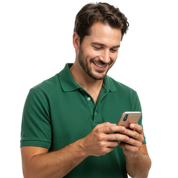 Smiling man using cellphone on transparent background