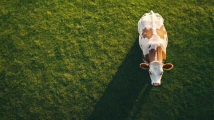 Aerial view of a cow resting in a green pasture.