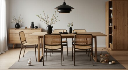 Dining room interior with wooden table chairs cabinet and decorative plants.