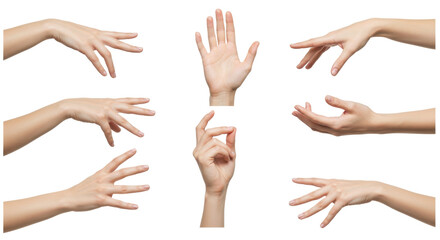 Seven human hands show different gestures, isolated against a black background