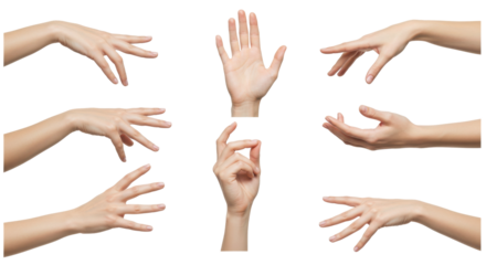Seven human hands show different gestures, isolated against a black background