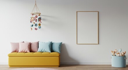Interior scene with bench pillows wall art and flowers against a white wall.