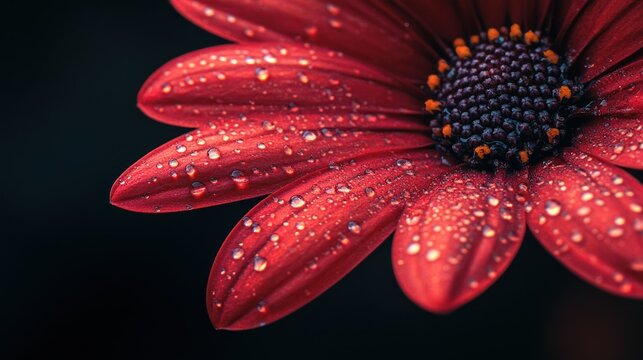 A close-up of a red flower with dew drops, showcasing its vibrant petals and intricate details.