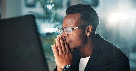 Night, black man and thinking with computer, ideas and editing for agency and online solution....
