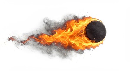Flaming Hockey Puck in Motion - A hockey puck engulfed in flames streaks across a white background, creating a dynamic and energetic . Perfect for sports themes