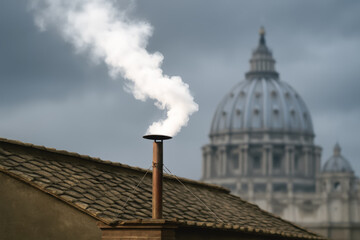 White smoke rises from a chimney against the backdrop of a grand cathedral dome, symbolizing the election of a new pope
