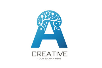 Letter A with Neuron Logo Design. Medical Logo Design.
