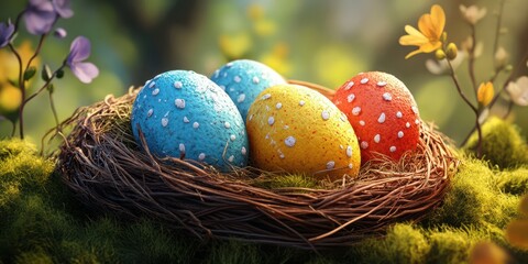 Colorful easter eggs nestled in a mossy bird's nest on a sunny spring day surrounded by blooming flowers
