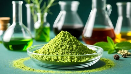 A close-up image of a green powder in a glass bowl on a table in a lab setting. Various glassware and botanicals arranged around it create a rich and scientific composition