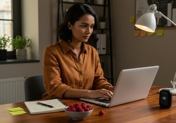 Woman in Orange Shirt Focused on Laptop by Desk Lamp