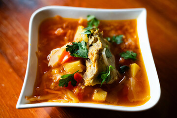 Borscht soup in bowl Traditional borscht meat herbs