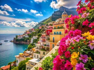 Amalfi Coast Positano Landscape: Vibrant Macro Photography of Coastal Flowers and Architecture