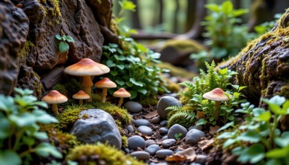 Obraz premium A cozy woodland corner showcasing mushrooms, ferns, and small rocks with soft lighting.
