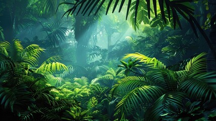 Dense jungle with sunlight filtering through trees. Lush and vibrant greenery in a tropical forest. Tropical leaves and tree growing in the forest with sun ray shining. Background for print. AIG53.