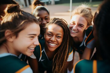 Fototapeta premium Portrait of a young female basketball players smiling and posing for a team photo on the basketball court