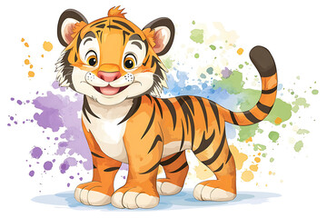 Playful cartoon tiger character standing amidst colorful splashes in a vibrant background