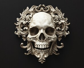 Intricate skull artwork artistic display sculpture dark background close-up view mortality concept for contemporary art enthusiasts