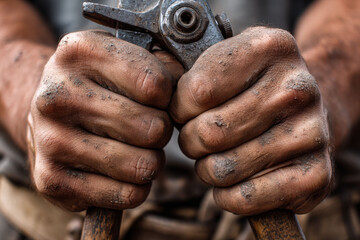 Dirty strong hands gripping pliers tightly, symbolizing hard work and determination