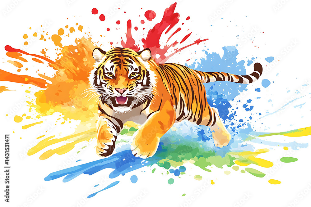 Poster Vibrant tiger running through a splash of colorful paint in a dynamic artistic setting
