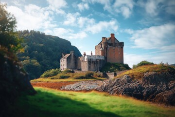 Majestic ancient castle atop a hill with dramatic clouds and a winding river below
