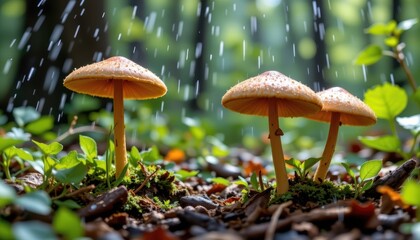 A high energy portrayal of mushrooms leaping from a forest floor during a rainfall.