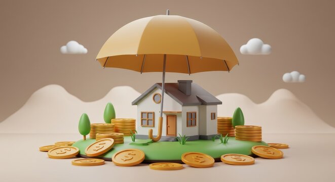 Home Protection and Financial Security - A house protected by an umbrella symbolizes home insurance, financial stability, and asset protection.  Coins represent wealth and investment