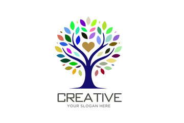 Vibrant Tree with Love Logo Design. Eco Life Logo Design.