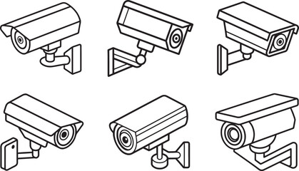 set of security cctv camera line art, black outline, vector and illustration, coloring book page line art drawing