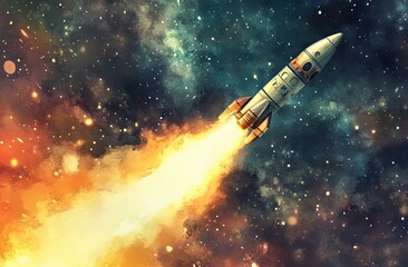 A white rocket launches into space, propelled by a fiery engine, leaving a trail of smoke against a backdrop of stars and swirling galaxies