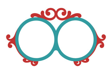 Ornate Teal and Red Frame with Two Circular Openings on White