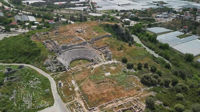 Descending spiral view of Xanthos ruins in ancient Turkey