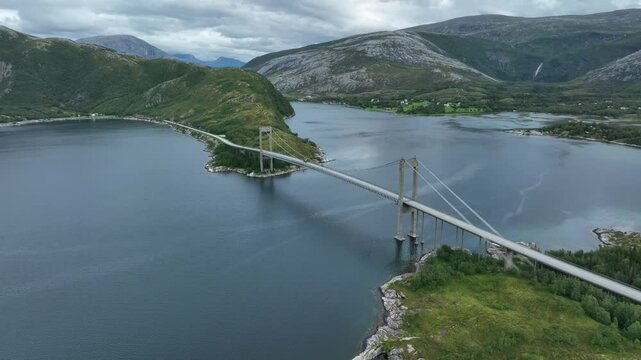 Drone view of Kjellingstraumen bru Bridge in Gildeskal, Nordland, Norway