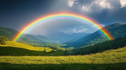 Naklejka premium Majestic Rainbow Arcing Over Verdant Mountain Valley