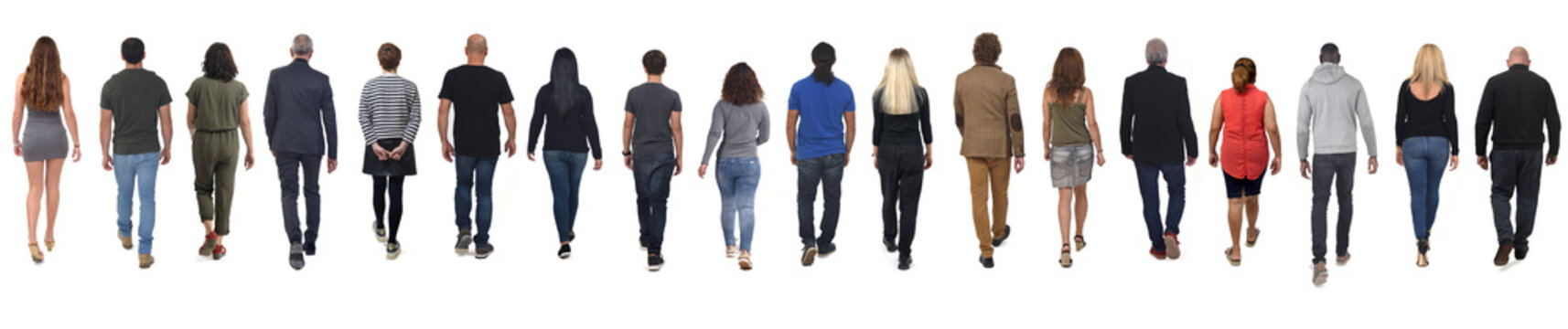 large group of rear view of people walking on white background