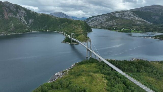 Drone view of Kjellingstraumen bru Bridge in Gildeskal, Nordland, Norway