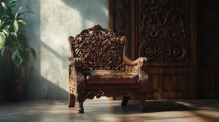 Ornate wooden armchair in a sunlit room