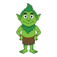 A mischievous green troll with pointy ears, sharp teeth, and wild hair, lurking in the forest, ready to play pranks or guard hidden treasures with a wicked grin.