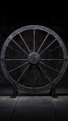 Detailed Dark Steel Wheel Structure with Spokes on Stand Against Grey Backdrop