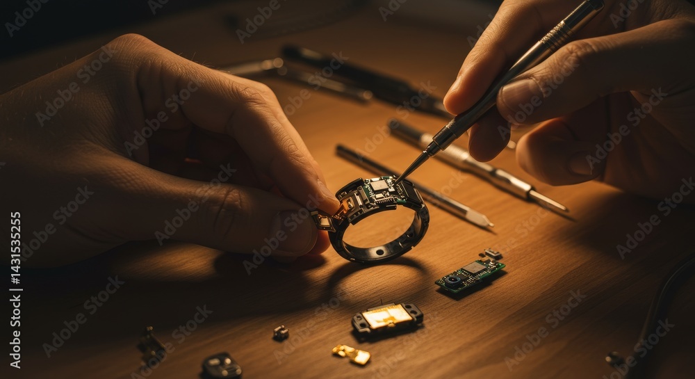Poster precision craftsmanship: assembling a smart ring - close-up of hands meticulously assembling a techn