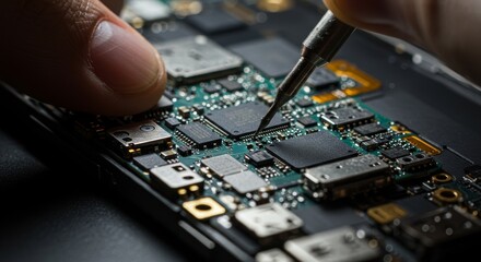 Precision Circuit Board Repair - Close-up shot of hands expertly repairing a circuit board with precision tools. High-detail ideal for technology, electronics, and repair businesses
