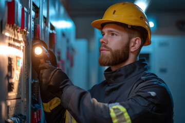 Electrician in safety gear inspecting control panel with flashlight in dimly lit room