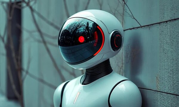 Futuristic robot with a sleek design stands against a textured wall in an urban setting, reflecting innovation