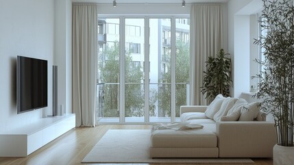 Fototapeta premium Modern, bright living room with city view