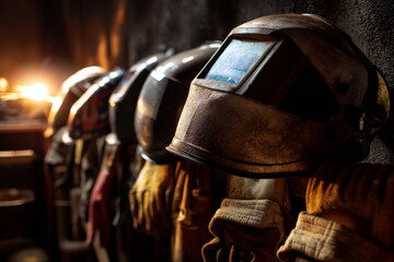 Old welding helmets and gloves hanging on dark wall in workshop with warm dramatic lighting