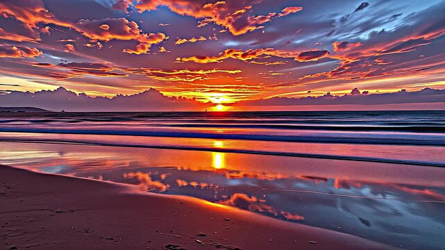 The sky blazes with hues of fiery orange, soft lavender, and radiant rose as the sun descends, melting into the horizon. Light dances upon the water, transforming each ripple into a shimmering jewel