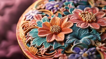 Intricate floral carvings on a decorative round object. Detailed, colorful flowers and leaves are intricately carved and painted, creating a beautiful, textured surface