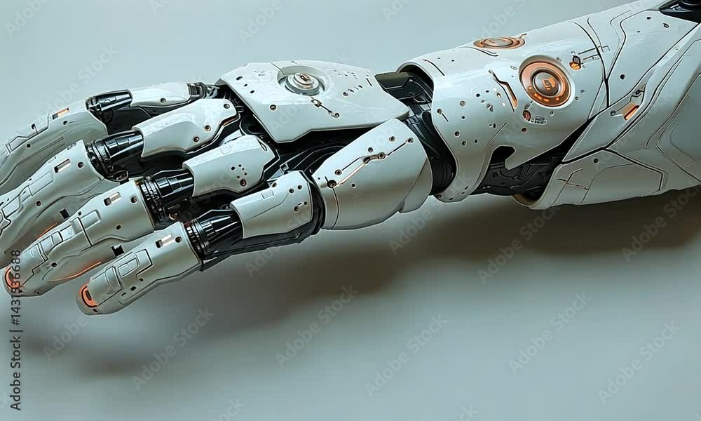 Poster futuristic robotic hand resting on a smooth surface, showcasing intricate design and technology