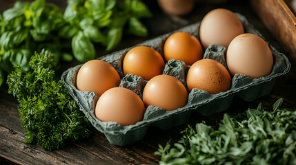Fresh Brown Eggs in Carton with Herbs on Wooden Table