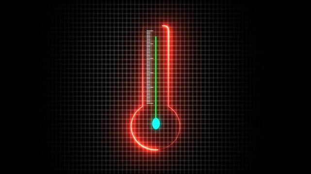 Glowing neon thermometer, glowing red outline and blue mercury, dark background, digital art, cyberpunk aesthetic, futuristic temperature gauge, sci-fi atmosphere, sleek technology icon, 4k